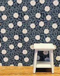 Dollhouse Miniature White Daisies on Blue Wallpaper