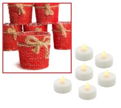 Red Burlap Votive Candle Cups with LED Tealights