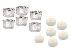 Silver Mercury Glass Votive Candle Holders with LED Candles