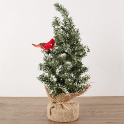 Artificial Snowy Tabletop Tree with Cardinal and Burlap Base