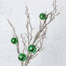 Artificial Iced Twig and Emerald Green Ornaments Spray