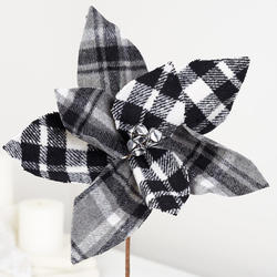 Black and White Plaid Poinsettia and Bells Pick