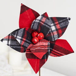 Red Black and White Plaid Poinsettia and Bells Pick
