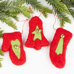 Felted Bell, Stocking and Mitten Ornament Set