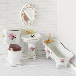 Dollhouse Miniature Pink Rose Bathroom Set