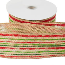 Red Green and Natural Stripe Burlap Wired Edge Ribbon