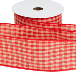 Red and Beige Gingham Check Wired Ribbon