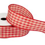 Red and Beige Gingham Check Wired Ribbon