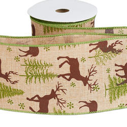 Brown and Green Faux Jute Reindeer Wired Edge Ribbon