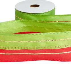Red and Green Double Gold Stripe Wired Edge Ribbon