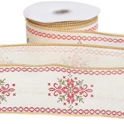 Ivory Red and Green Snowflake Canvas Wired Edge Ribbon