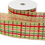 Red Green and Natural Check Jute Wired Edge Ribbon