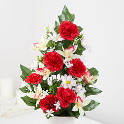 Red and Cream Artificial Cabbage Rose and Orchid Half Bush