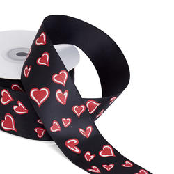 Valentine Black Satin Red Hearts Ribbon