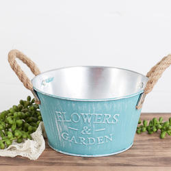 Rustic Turquoise Tin Planter with Rope Handles