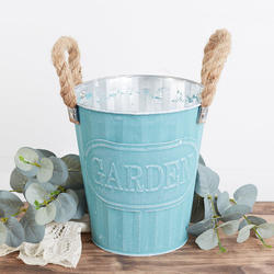 Rustic Turquoise Garden Tin Planter with Rope Handles