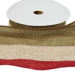 Red Natural and Olive Green Faux Burlap Wired Ribbon
