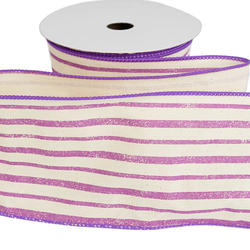Purple and Ivory Striped Canvas Wired Edge Ribbon