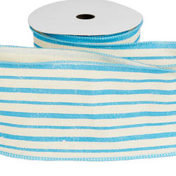 Ice Blue and Ivory Striped Canvas Wired Edge Ribbon
