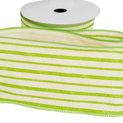 Green and Ivory Striped Canvas Wired Edge Ribbon