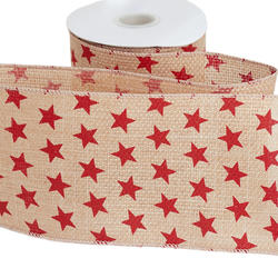 Red Star Print Faux Burlap Wired Edge Ribbon