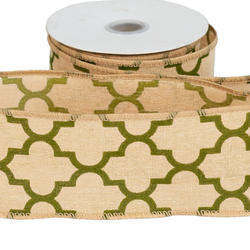 Natural and Green Quatrefoil Canvas Wired Edge Ribbon