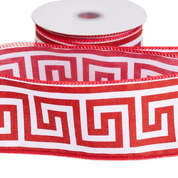 Red and White Greek Key Satin Wired Edge Ribbon