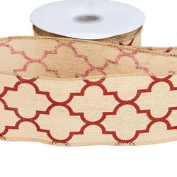 Natural and Red Quatrefoil Faux Jute Wired Edge Ribbon
