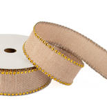 Gold Jewel Trimmed Faux Jute Wired Ribbon