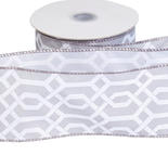 Silver and White Geometric Pattern Satin Wired Ribbon