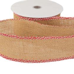 Red and White Trimmed Natural Burlap Wired Ribbon