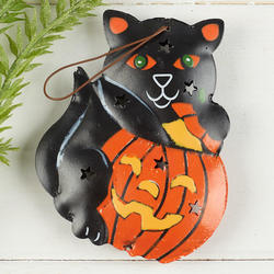 Rustic Tin Punched Cat and Pumpkin Ornament