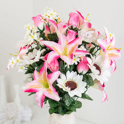 Large Memorial Pink Ivory Artificial Rose Sunflower Lily Bush