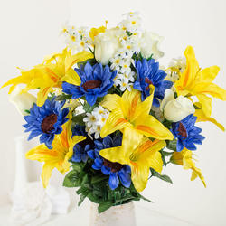 Large Memorial Yellow Blue Artificial Rose Sunflower Lily Bush