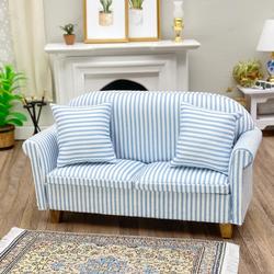 Dollhouse Miniature Blue Stripe Sofa with Pillows