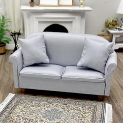 Dollhouse Miniature Gray Sofa with Throw Pillows