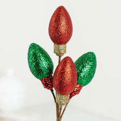 Red and Green Glittered Christmas Light Bulb Pick