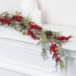 Faux Mixed Pine Garland with Red Berries