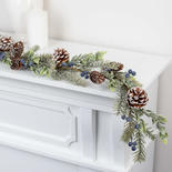 Faux Pine And Leaf Garland with Blue Berries And Cones
