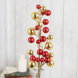 Metallic Gold and Red Glittered Round Ornament Balls Stem