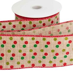 Red and Green Polka Dot Faux Burlap Wired Ribbon