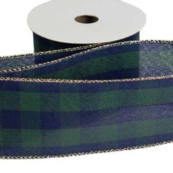 Gold Edge Green and Navy Plaid Wired Ribbon