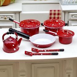Dollhouse Miniature Red Spatter Metal Cookware Set