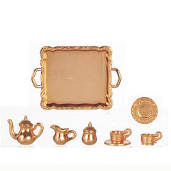 Dollhouse Miniature Copper Tea Set On Tray
