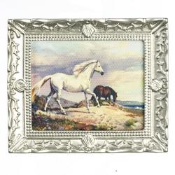 Dollhouse Miniature Portrait of a White Horse in Silver Frame