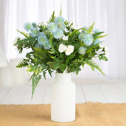 Artificial Blue Thistle and Rose Bush with White Vase Bundle