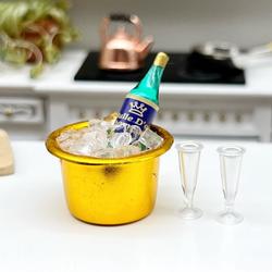 Dollhouse Miniature Champagne Ice Bucket, Bottle and 2 Glasses