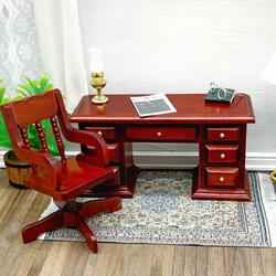 Dollhouse Miniature Mahogany Desk and Chair Set