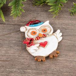 Primitive Waving Owl Christmas Ornament with Heart