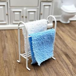 Dollhouse Miniature Towel Rack With Blue and White Towels